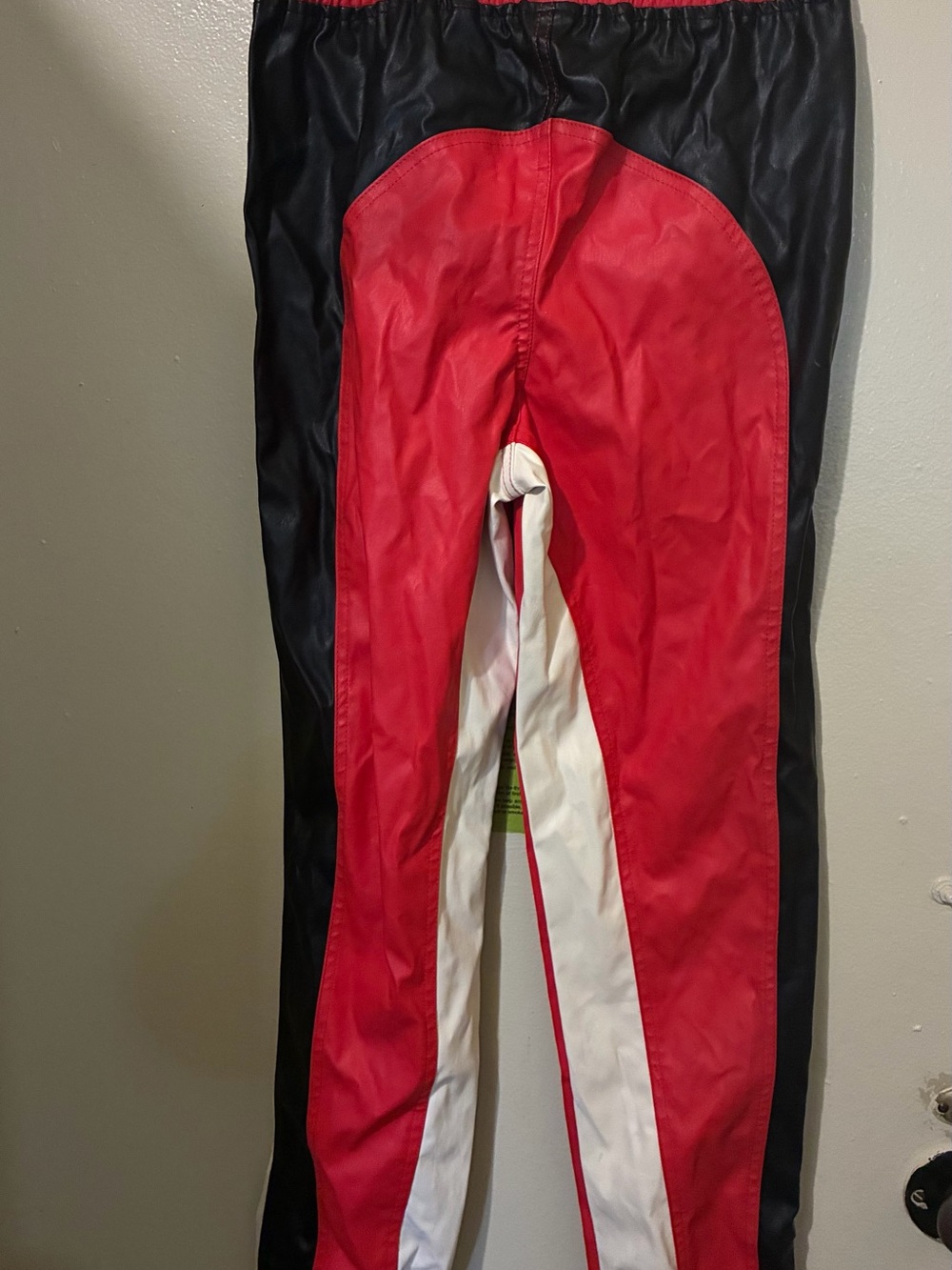 Unisex Red and Black Colorblock vintage faux leather pants